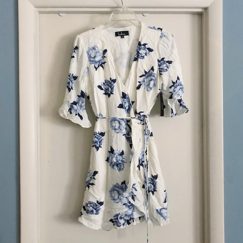 Pretty Peony Blue & White Floral Print Wrap Dress